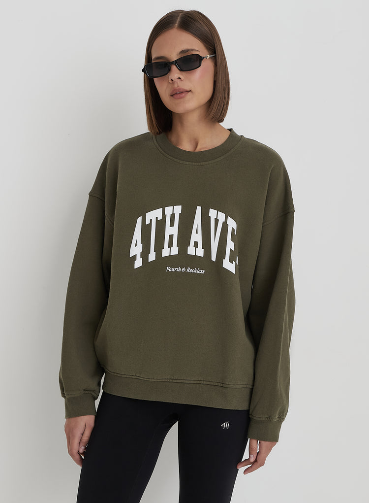 Olive 4th Avenue Slogan Oversized Sweatshirt- Avenue