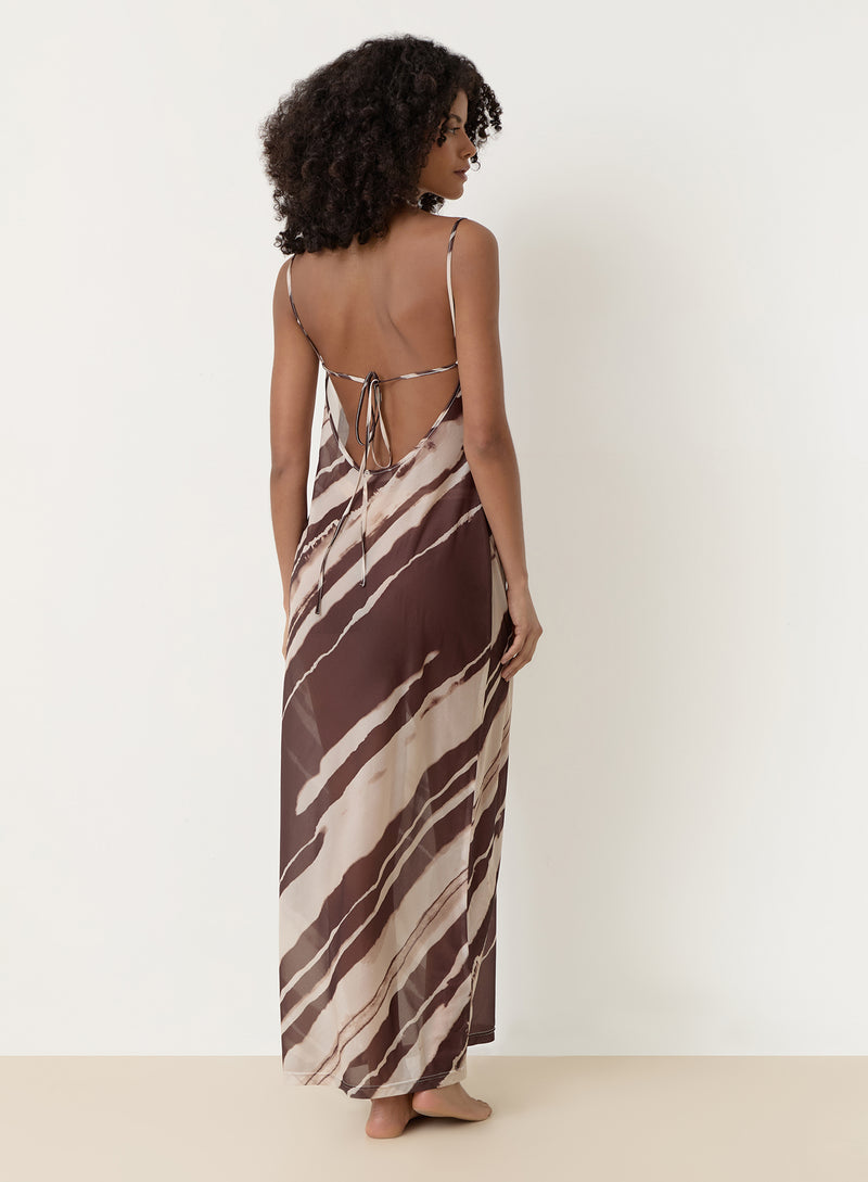 Printed Sheer Mesh Maxi Dress- Ocean