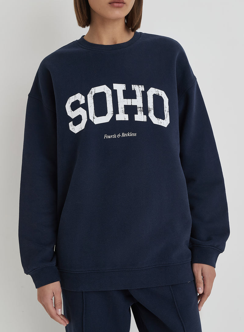 Navy Distressed Soho Slogan Classic Longline Sweatshirt- Bobbi