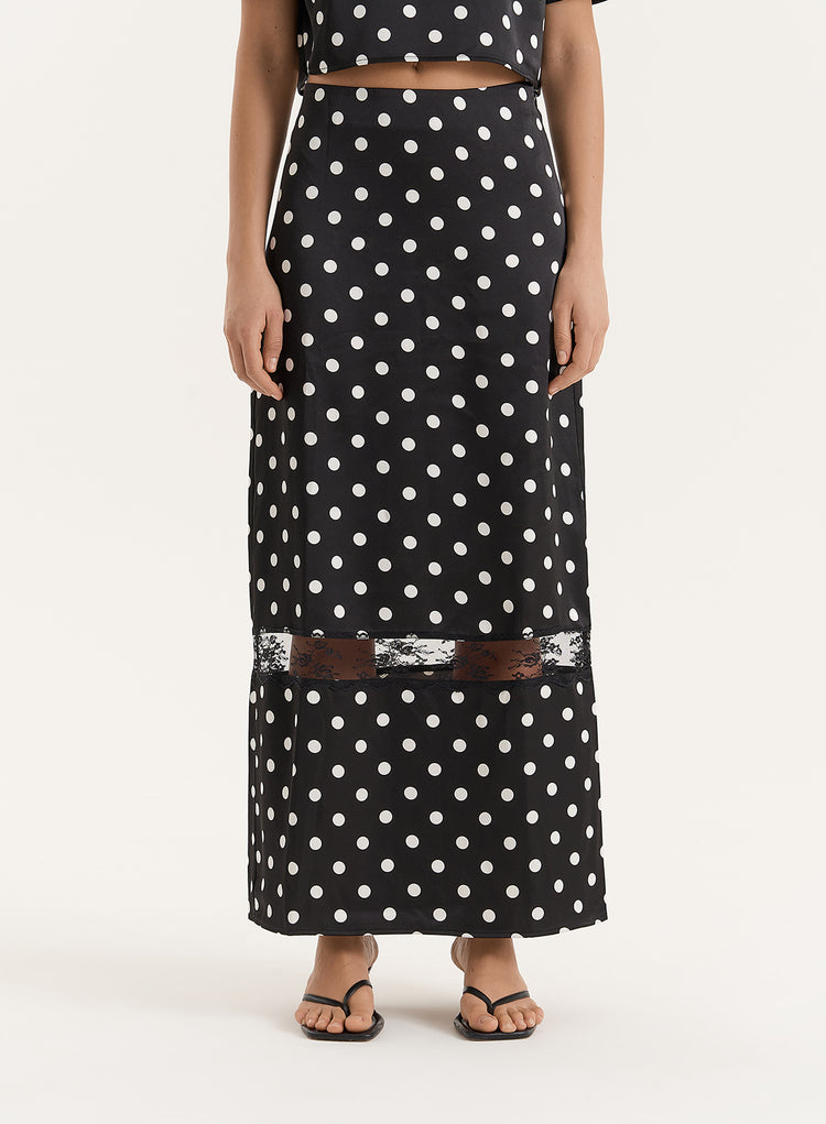 Polka Dot Satin Lace Detail Maxi Skirt- Jayda