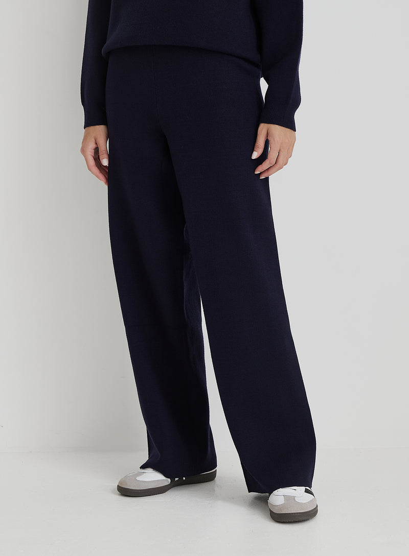 Navy Knitted Wide Leg Trouser- Cameron