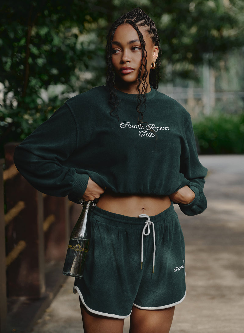 Green Towelling Resort Club Cropped Sweatshirt- Ella