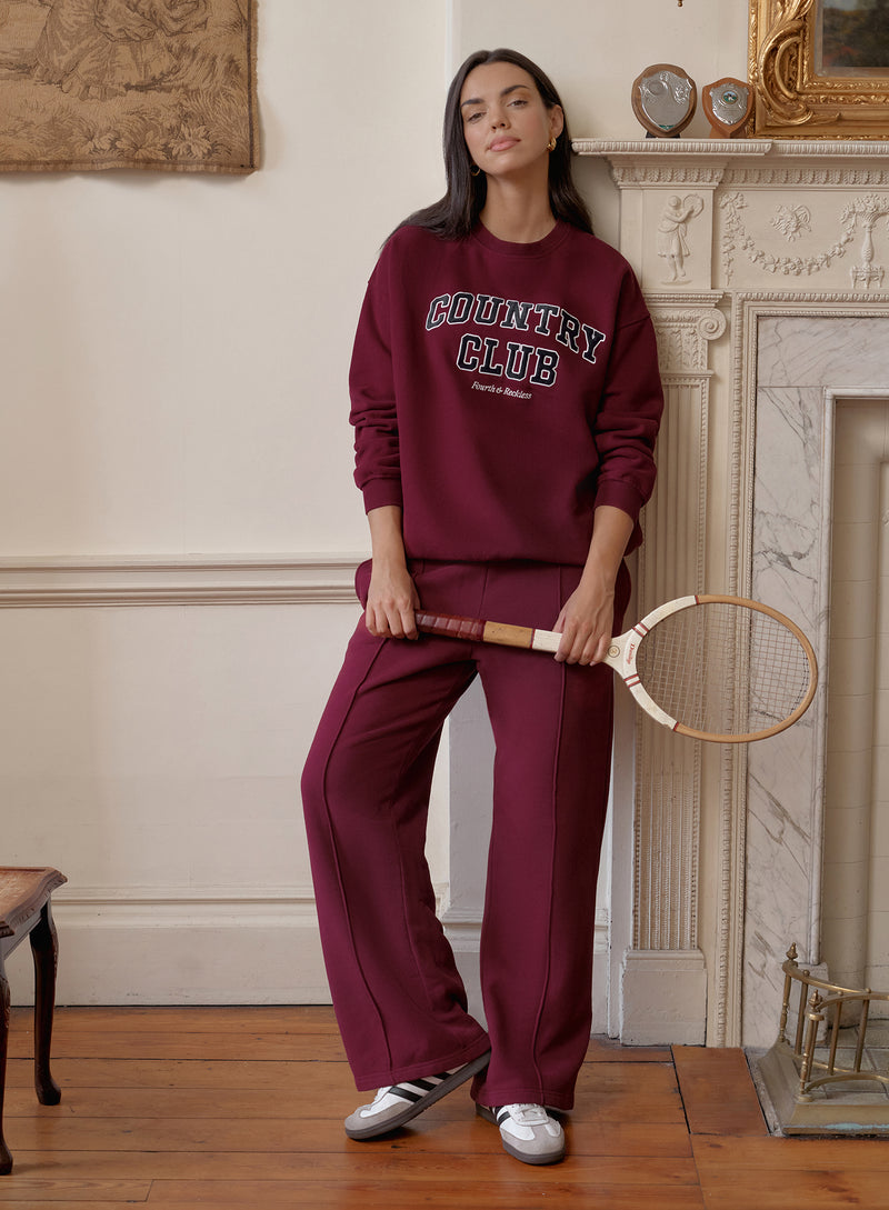 Burgundy Country Club Slogan Classic Longline Sweatshirt- Charli