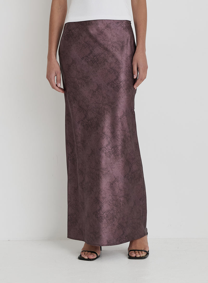 Plum Printed Satin Maxi Skirt- Novah