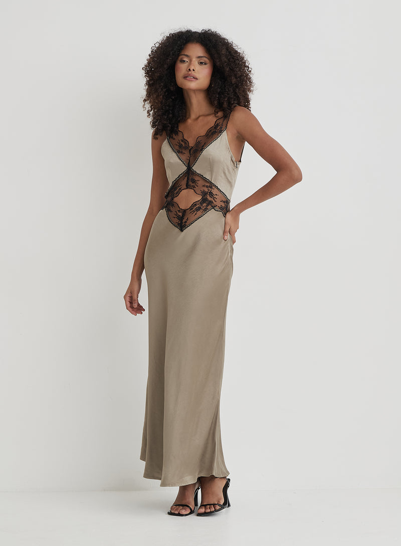 Khaki Satin Lace Slip Dress- Kelsey