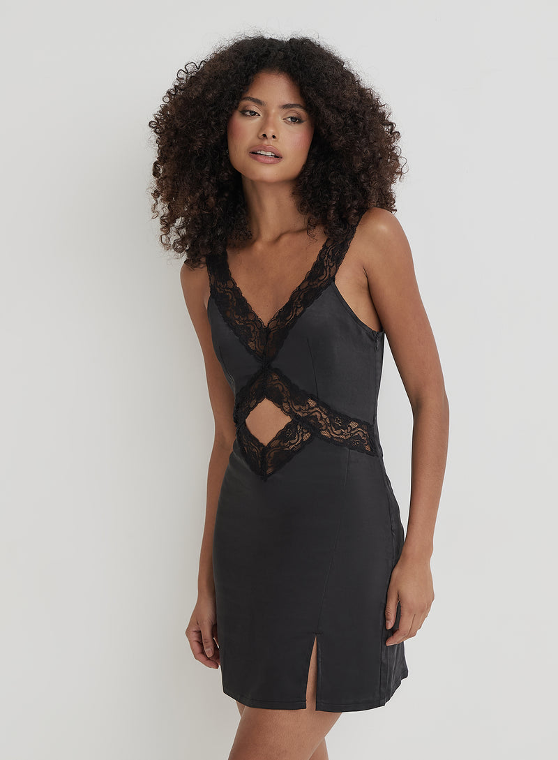 Black Satin Lace Slip Mini Dress- Milah