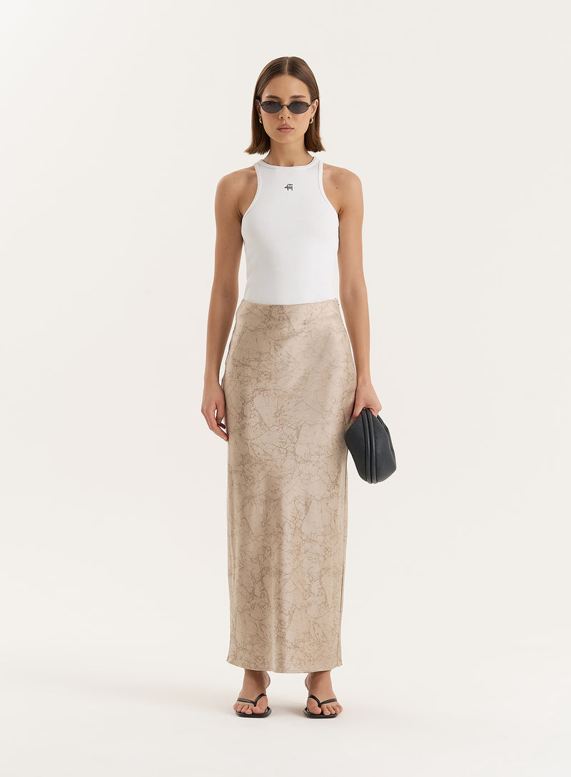 Beige Print Satin Maxi Skirt- Novah