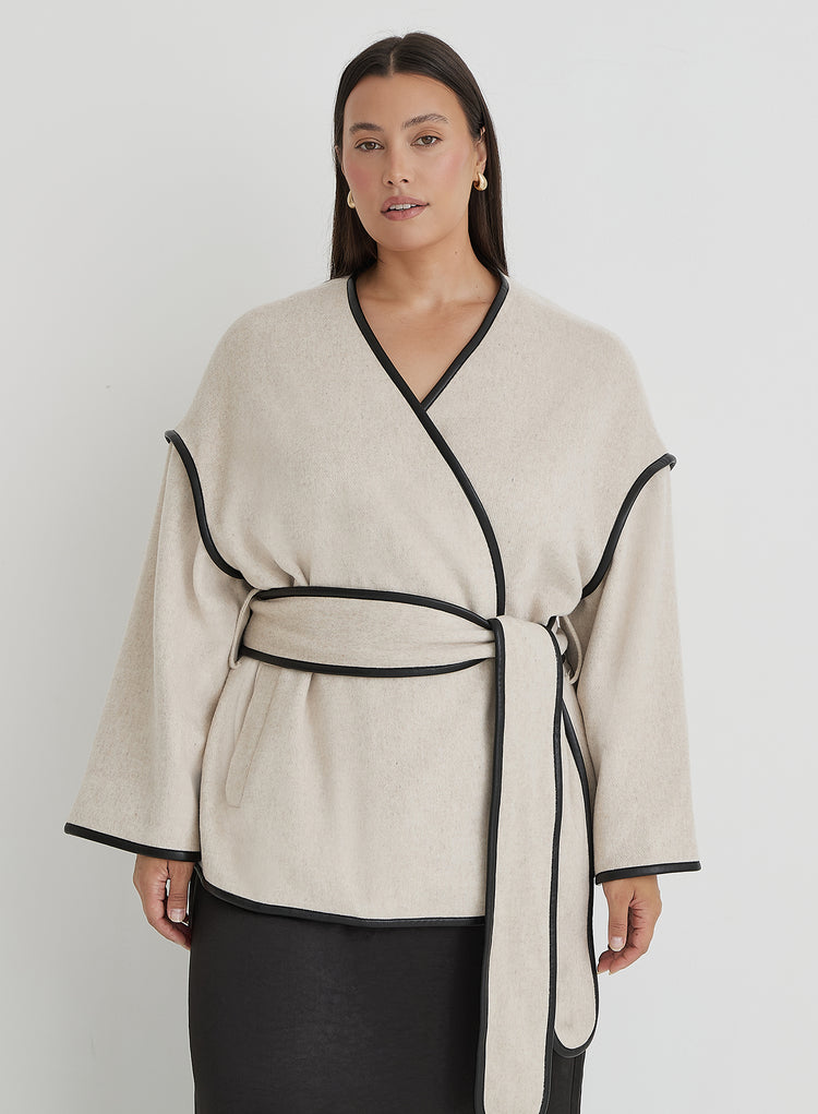 Cream Plus Size Wool Tie Waist Shacket- Hariette