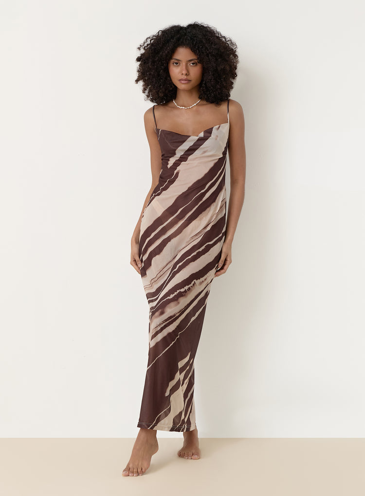 Printed Sheer Mesh Maxi Dress- Ocean