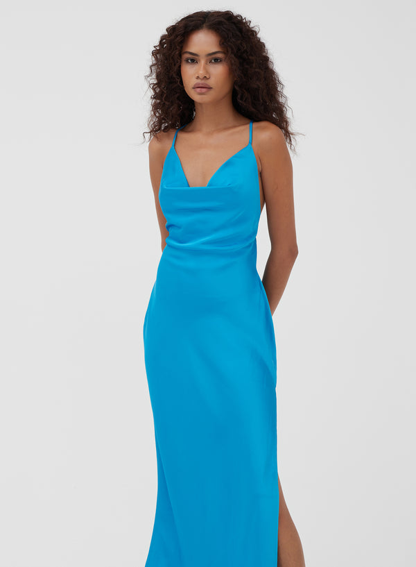 Blue Satin Cowl Neck Midi Dress - Madelyn - 1