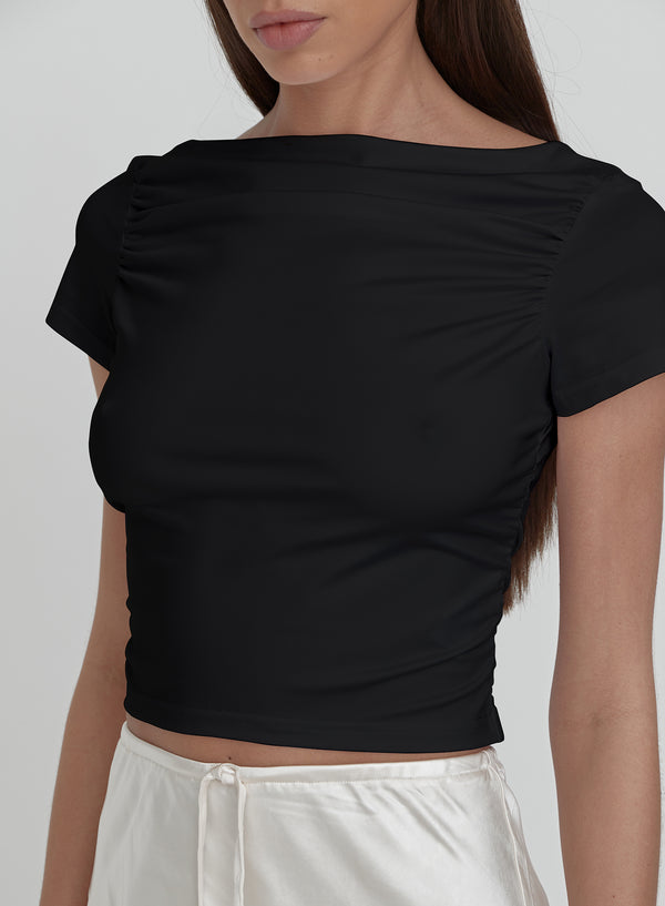 Black Ruched Jersey Cropped T-shirt- Darrilyn