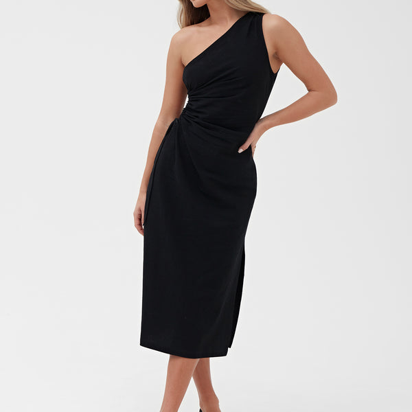 Women's Black One Shoulder Linen Midi Dress | Indra | 4th