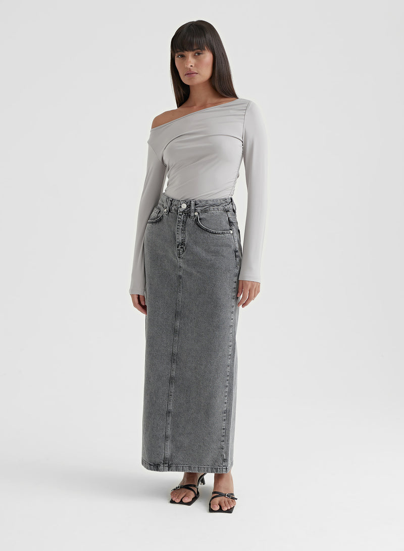 Washed Grey Denim Midaxi Skirt - Maxine