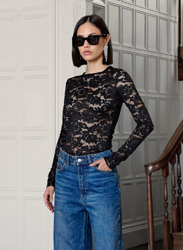 Black Lace Long Sleeve Top - Emery