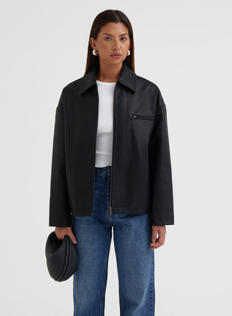 Women's Black Faux Leather Oversized Vintage Jacket | Maisi | 4th & Reckless