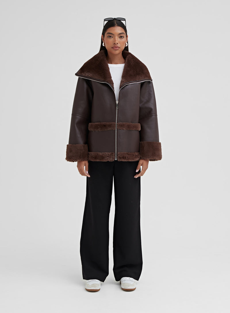 Chocolate Brown Faux Leather Fur Lined Jacket – Dante