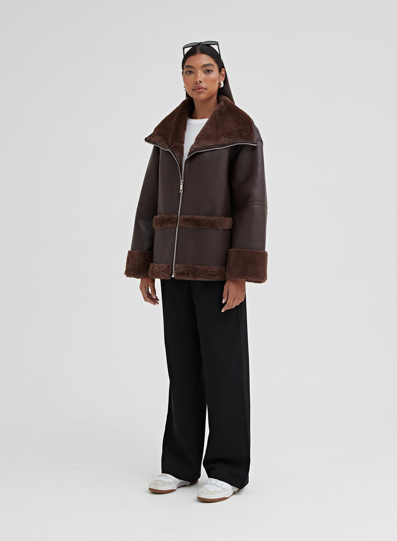 Chocolate Brown Faux Leather Fur Lined Jacket – Dante