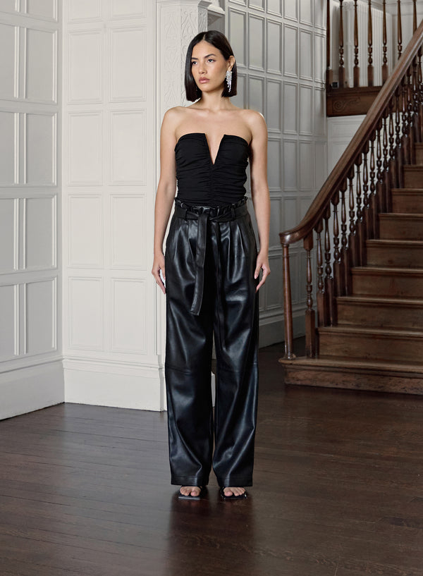 Black Faux Leather Paperbag Tie Waist Trouser - Marlow