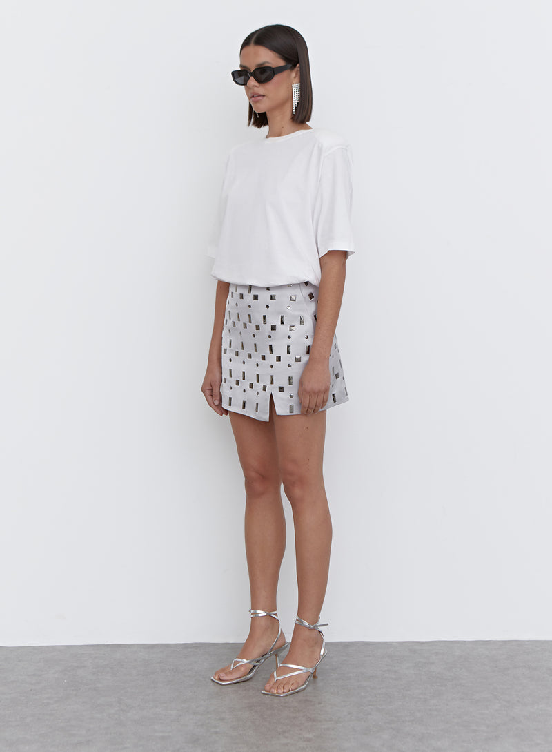 Women's Silver Embellished Faux Leather Mini Skirt | Daphne | 4th ...