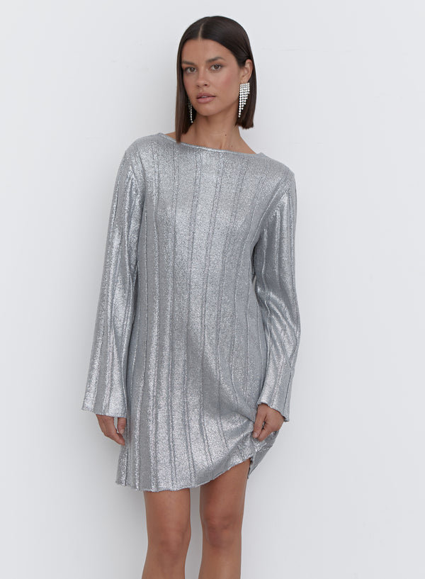 Silver Metallic Knit Tie Back Jumper Dress - Paloma