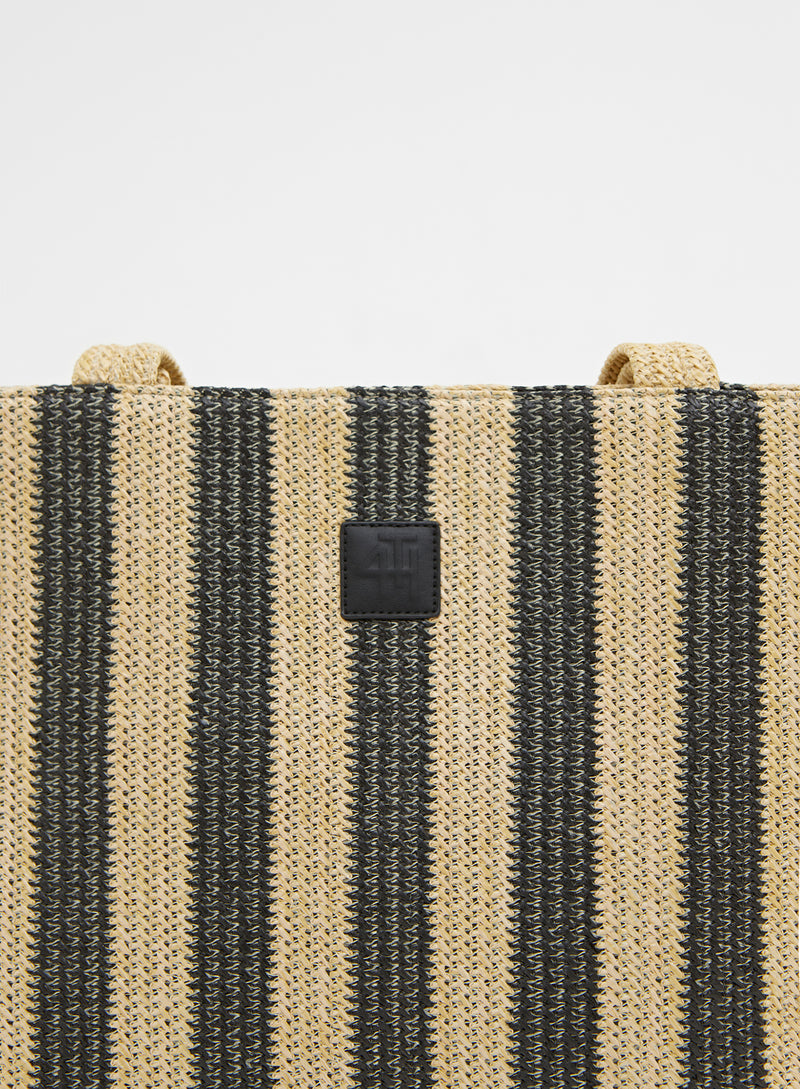 Two Tone Woven Stripe Straw Tote Bag