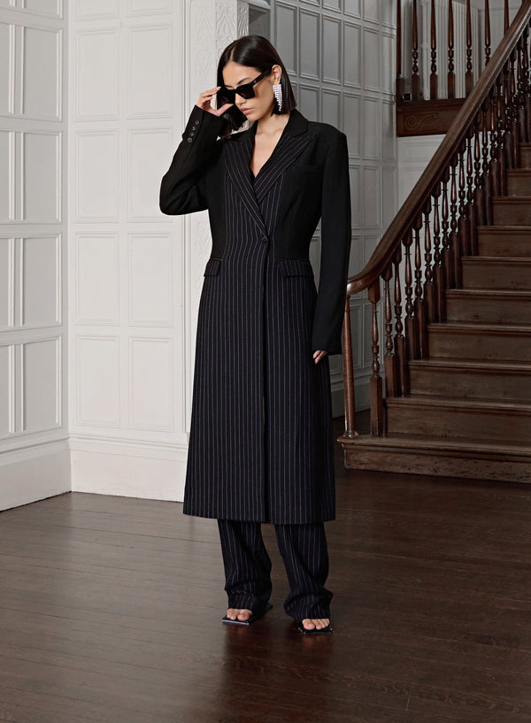 Black Pinstripe Tailored Longline Coat - Libby