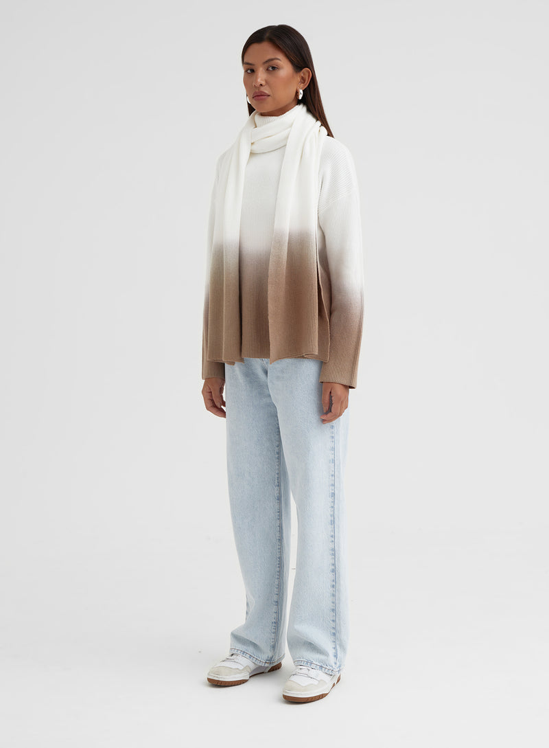 Beige Ombre Roll Neck Knitted Jumper With Scarf – Zina