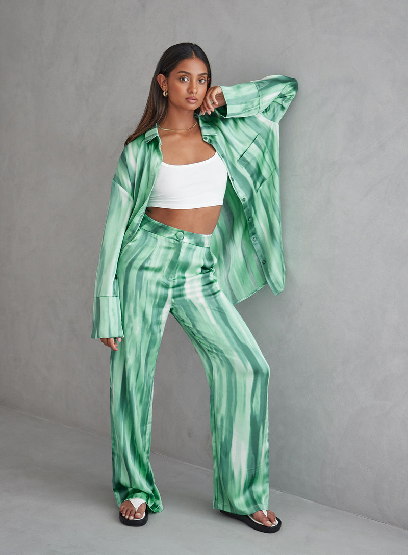 Norma Dye Print Satin Trouser Green - 1 - 4th&Reckless