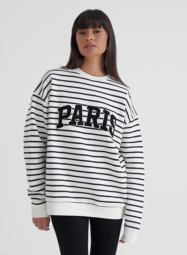 Black And White Striped Paris Sweatshirt - Anni
