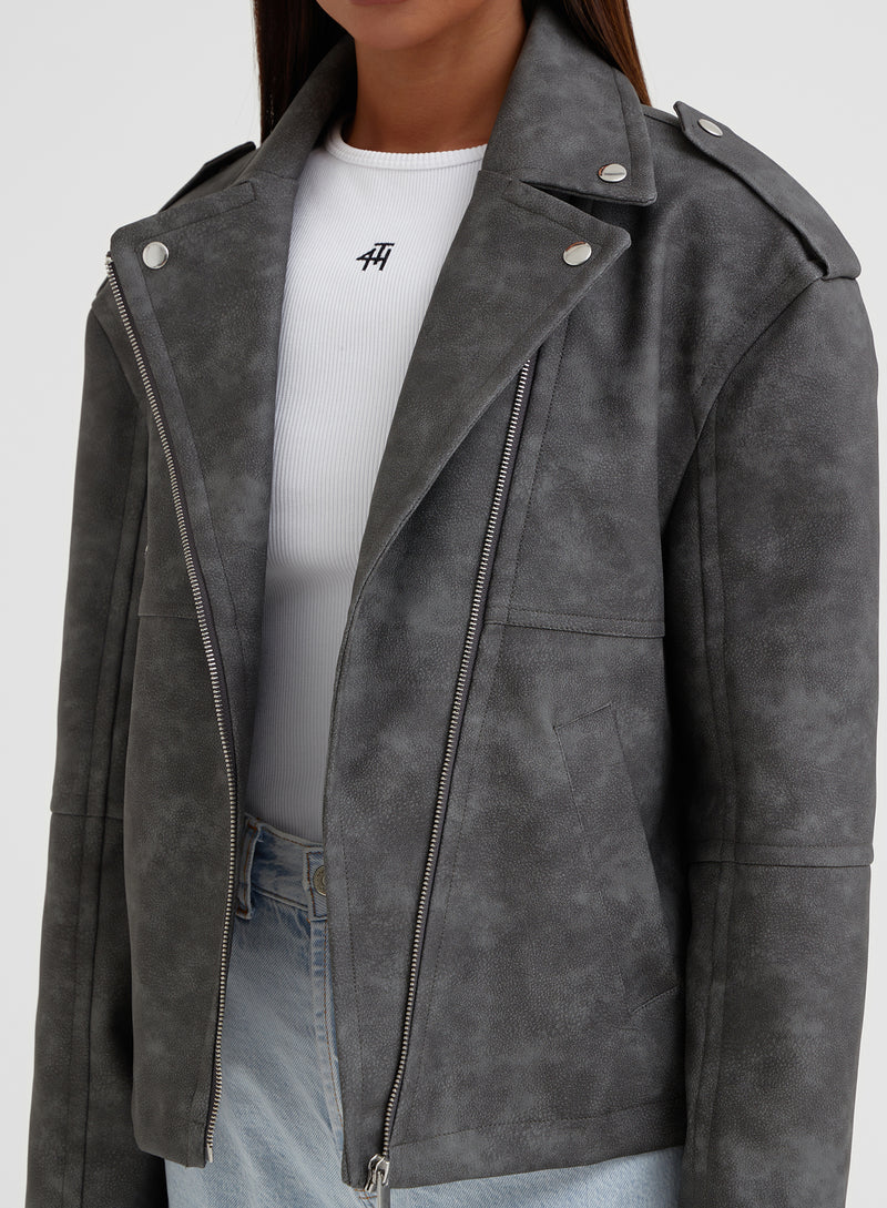 Grey Washed Faux Leather Biker Jacket – Moto