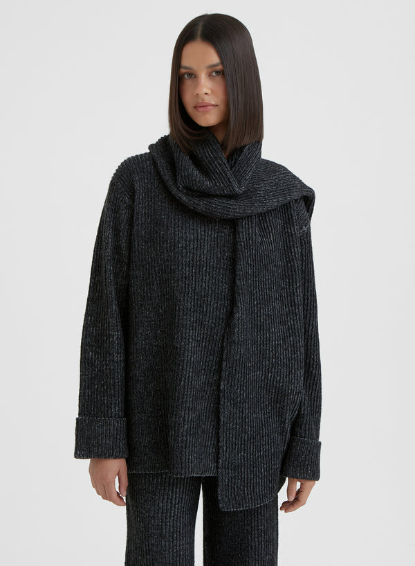 Black Slouchy Knitted Jumper With Scarf - Remy