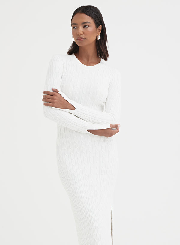 White Knitted Split Detail Midi Dress - Kalea